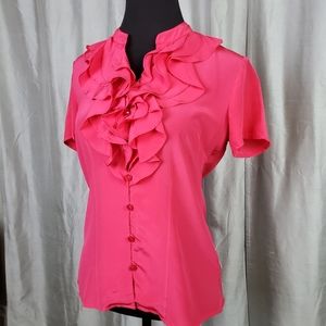 Vintage Pendleton 100% Silk Blouse Top Pink Sz S Button Ruffled Front